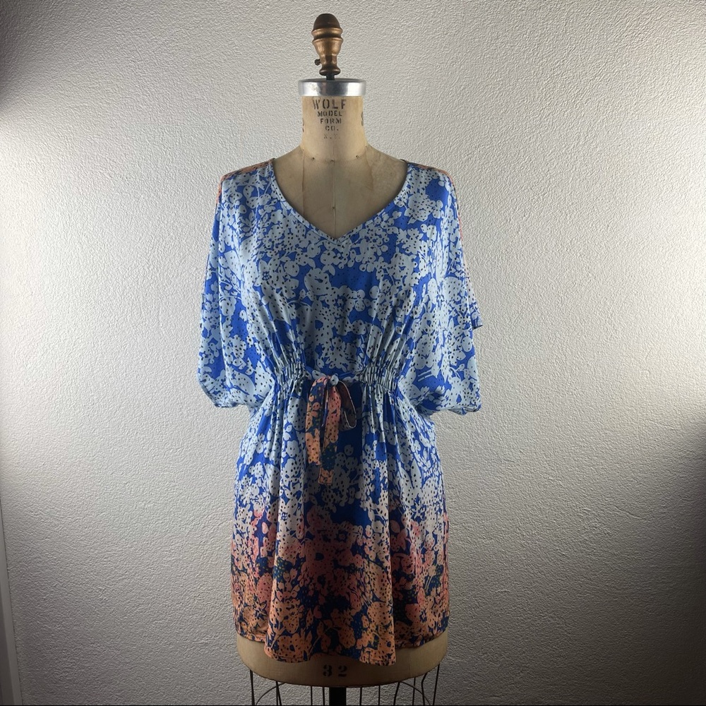 CAbi l M Bohemian Rayon Ombré Floral Dolman Sleeve Cinch Tie Waist Tunic Blouse